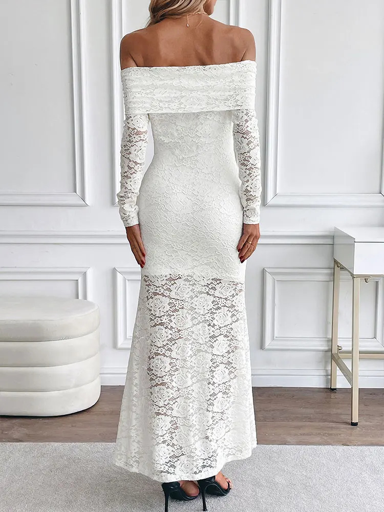 High quality Maxi dress for spring womens streetwear fashion long sleeved solid sexy lace strapless clothing 250320