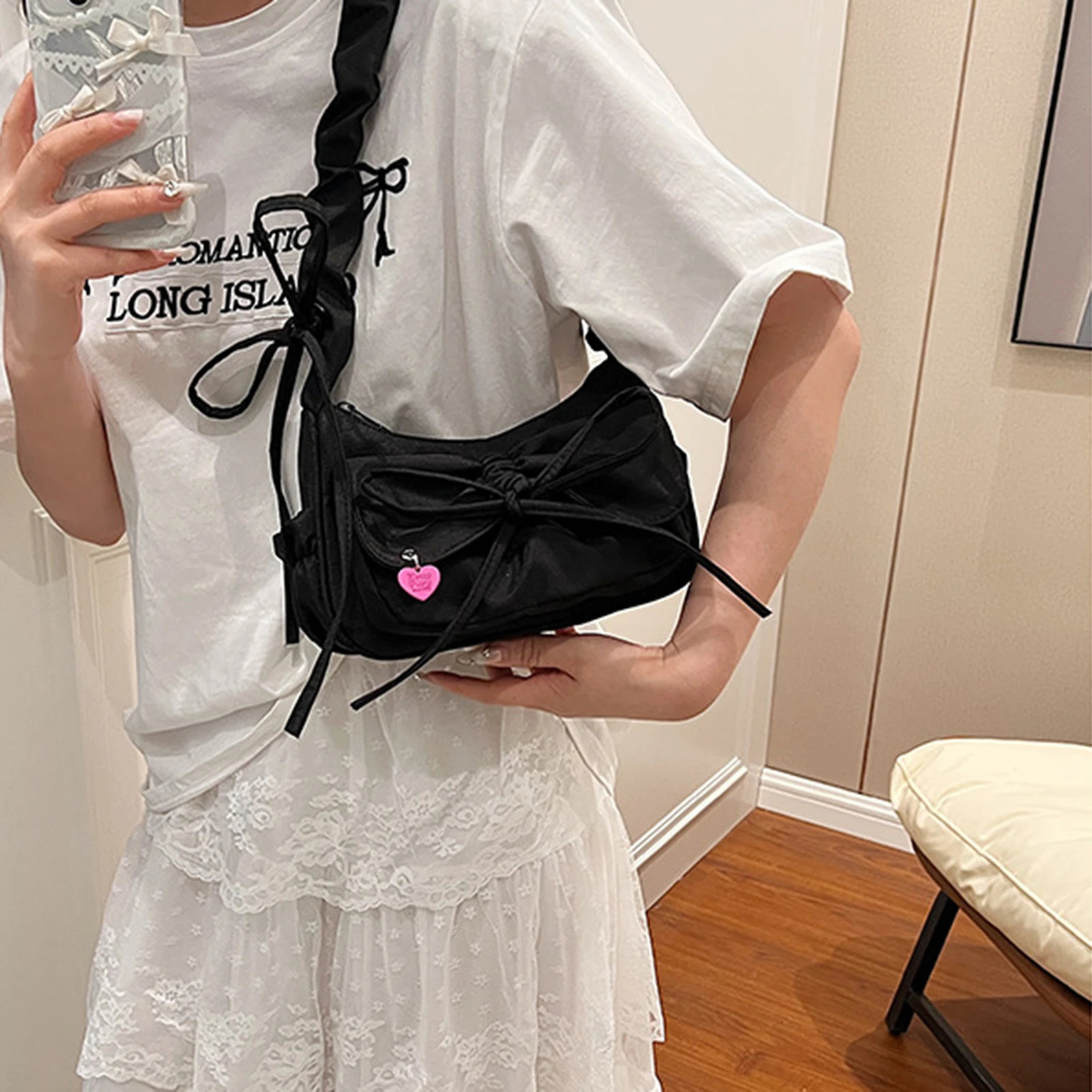 1 piece/batch of black bow womens casual shoulder bag Korean style washed denim summer handbag ladies birthday Exquisite gift 250320