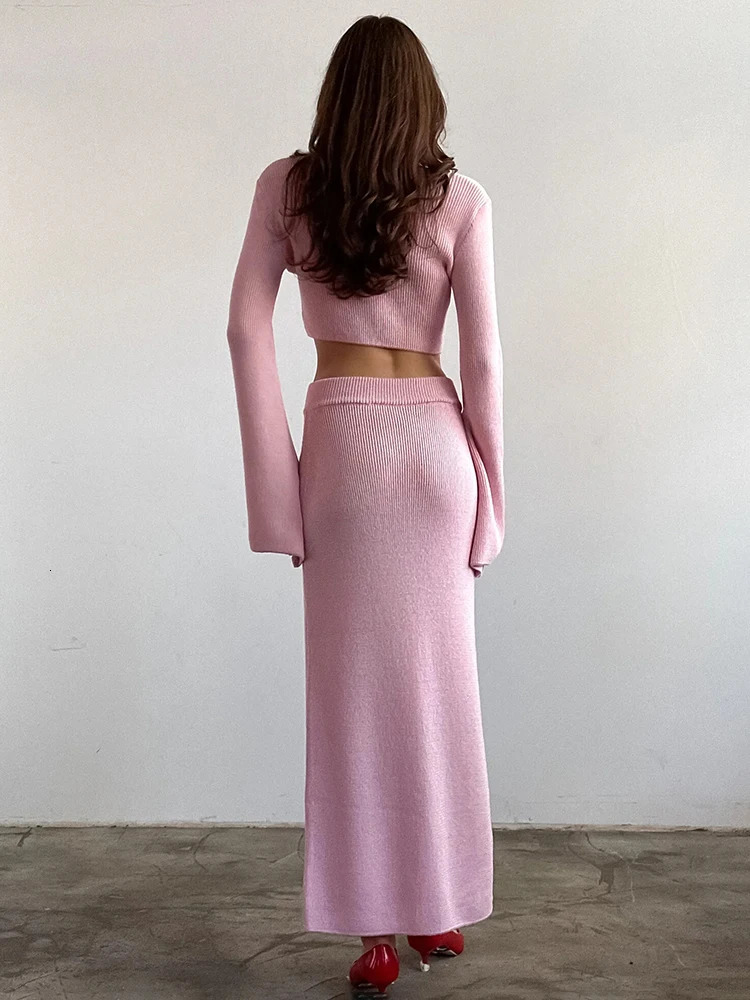 TARUXY Fashion Knitted Cardigan Skirt Suit Female Lace Up Full Sleeve Top High Slit Long Skirt Summer Womens Elegant Dress Sets 250317