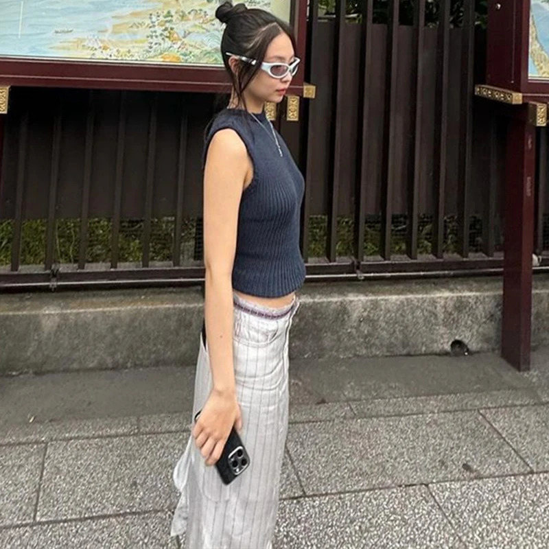 WhereMery Temperament Korean Striped Skirt Summer Y2K Commuting High Street Tight Wrapped Hip Skirt Slim Fit Folded Skirt 250320