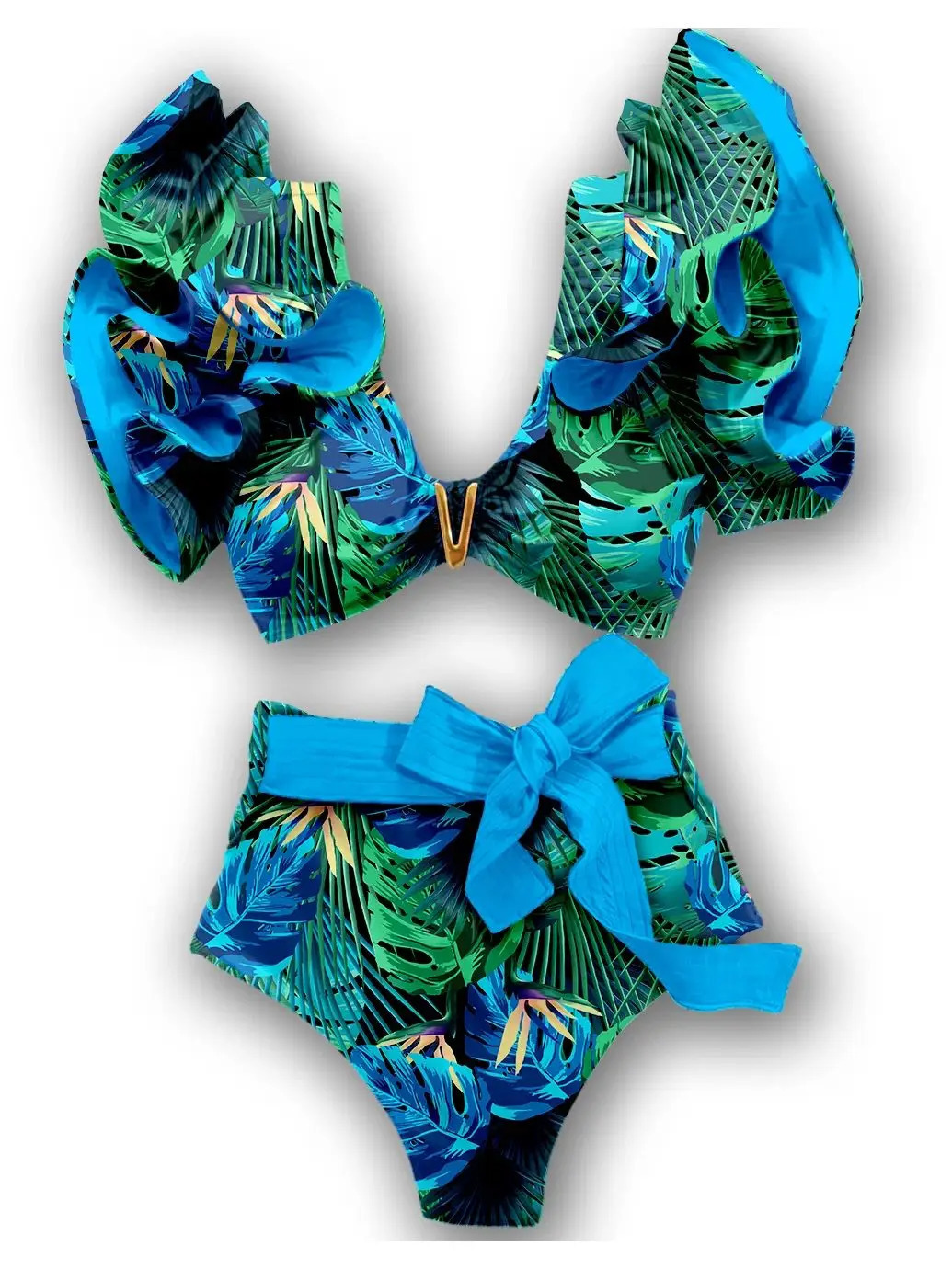 Floral Ruffled Hem Bikini Set Women Flora V-Neck High-Waisted Two Piece Swimsuit Girl Beach Bathing Suit Swimwear Biquinis 250314