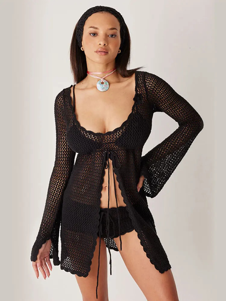 Sexy Summer 2024 Womens Solid Color Tunic Knitted Long Sleeve Hollow Out Beachwear Bikini Cover-ups Lace-up Sunwear Dress A2804250319