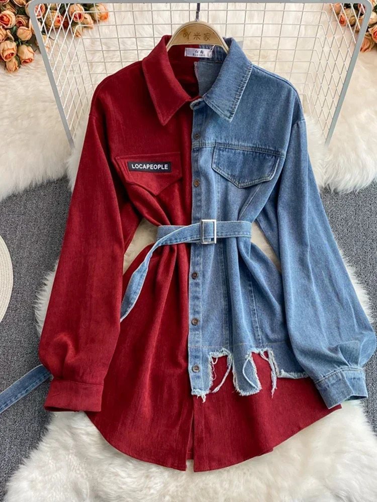 Spring and Autumn Womens Denim Shirt Color Comparison Patch Work Lace Top Display Thin Version Top Fashion GD596 250317
