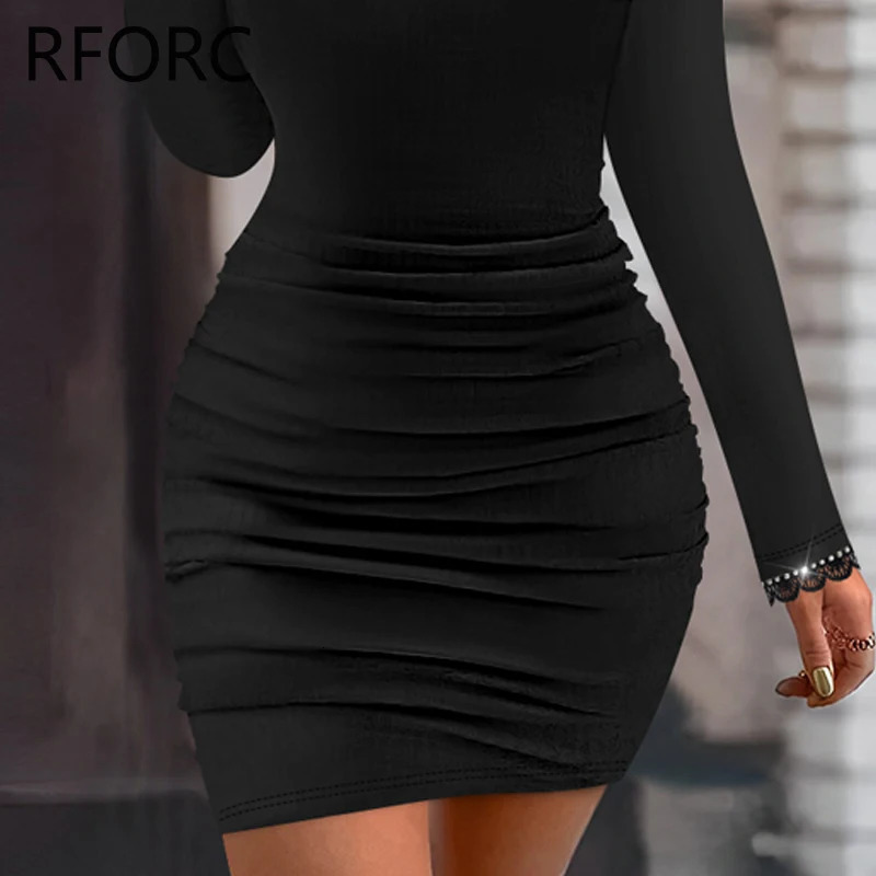 Women Solid Long Puff Sleeves Rhinestone Decoration Folds Mini Bodycon Party Black Dress 250320