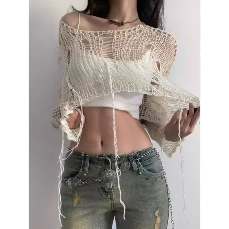 White Slash Neck Grunge Knitted Womens Sweater Hole Ripped Pullover Crop Top Harajuku Hollow Out Sexy Summer Jumpers 250319