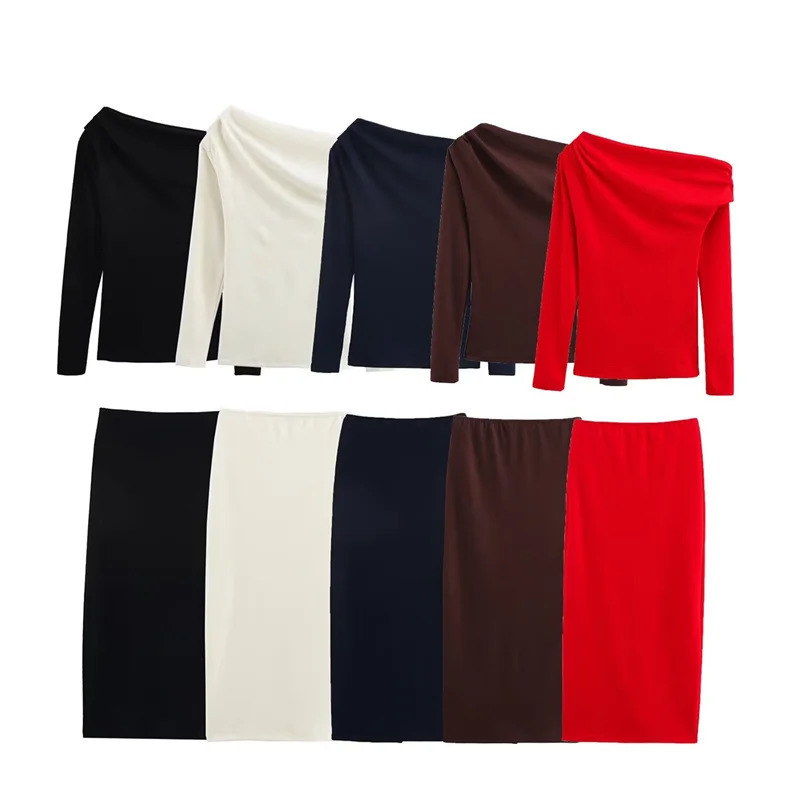 Womens Elegant Skirt Set Asymmetric Long Sleeve Top Midi Tight Skirt Spring 2025 Simple Casual Womens Set 250320