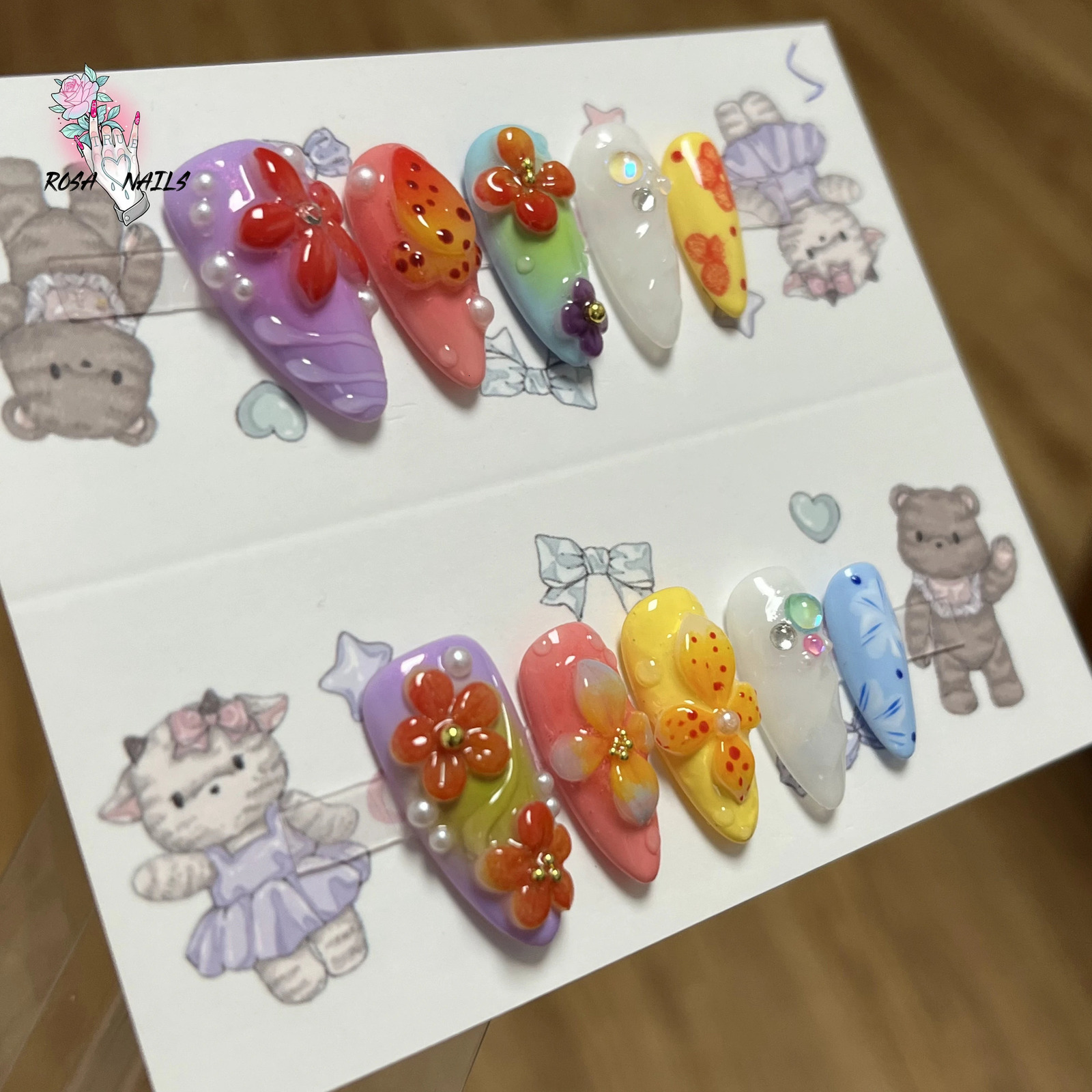 3D Flower Nails Almond Acrylic False Nail Tips Short Y2k Color Trendy Vacation 3d Sculpted Flowers Custom Handmade Press on Nail 250319