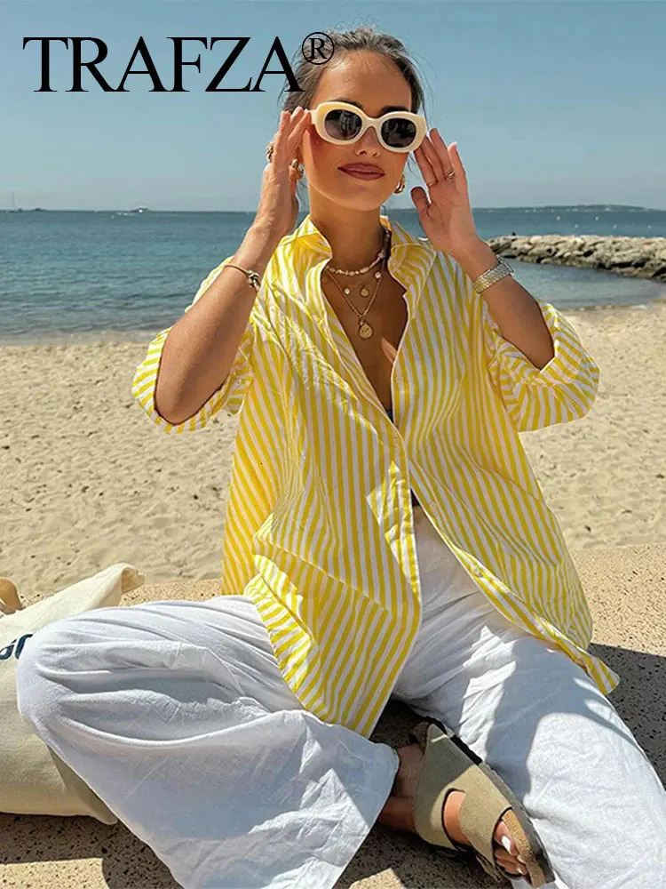 TRAFZA Women Yellow Stripe Blouse Pant Suit Loose Long Sleeve Shirt Drawstring Trousers Female Fashion Streetwear Outfits 250320