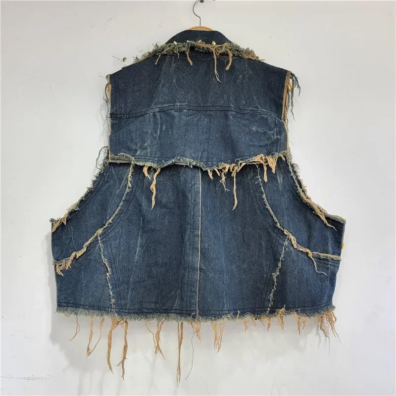 Spring Summer Woman Floral Embroidery Sequined Denim Vest Raw Edge Distressed Washed Jeans Waistcoat Diamonds Cowboy Tank Tops 250320