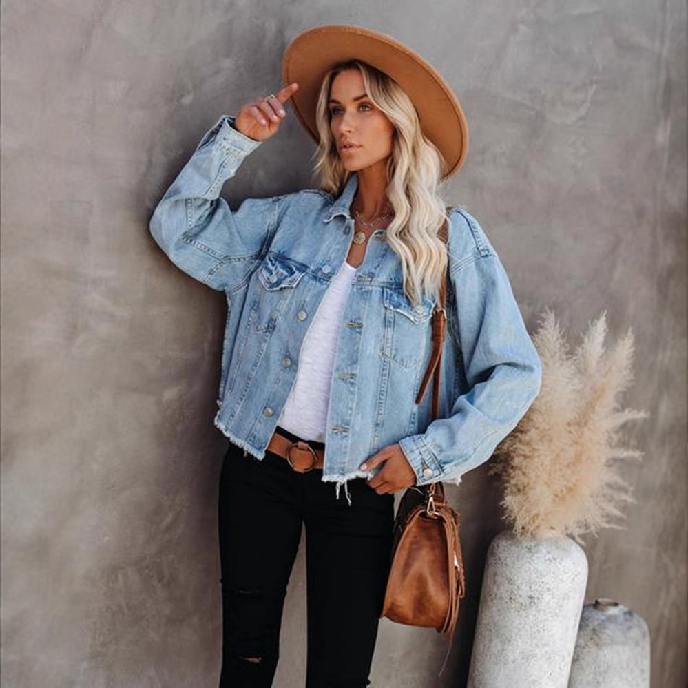 CNLONGBIDA Womens Jackets European and American denim jacket womens solid color loose jacket perforated long sleeved womens denim shirt 6666
