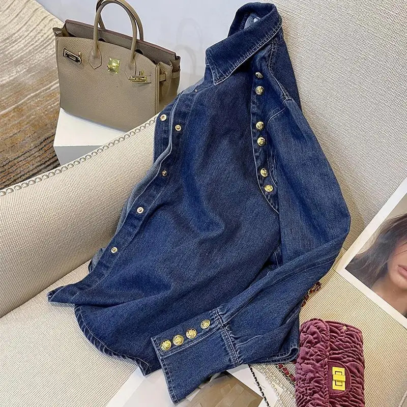 Retro denim womens spring/summer womens shirt sense niche shirt French Exquisite fashion top womens shirt 250317
