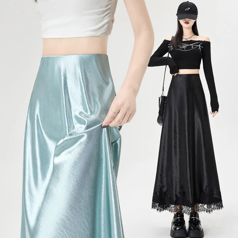 Satin Skirt Women 2025 Spring Arrival High Waist A Line Long Skirt Lace Patchwork Maxi Skirts Women Korean Fashon Slim Skirt 250320