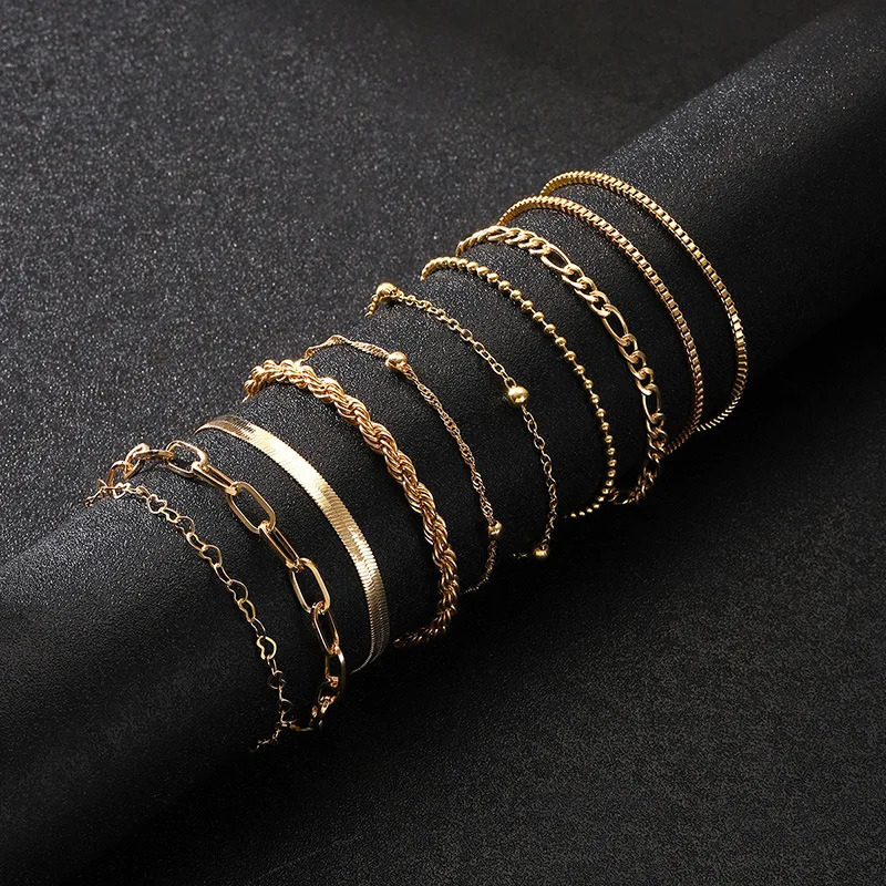10 pieces of retro statement gold flat snake chain box chain bracelet Bohemian multilayer metal bracelet womens summer jewelry 250318