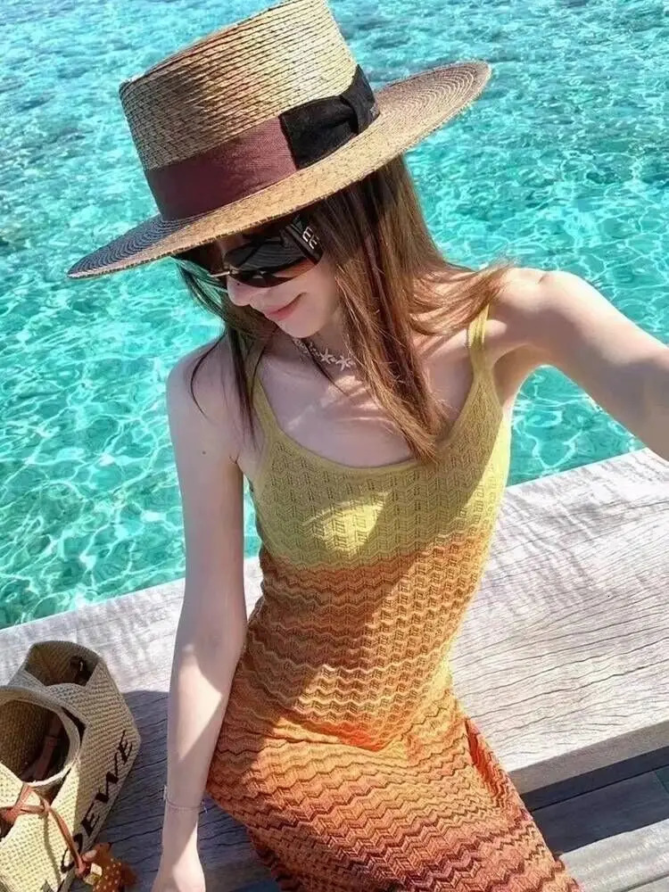 Summer Knitted Long Dress with Hollow Open Skirt Rainbow Gradient Italian Noodles Shoulder Strap Sexy Elegant Dress Womens Wear X1393 250320