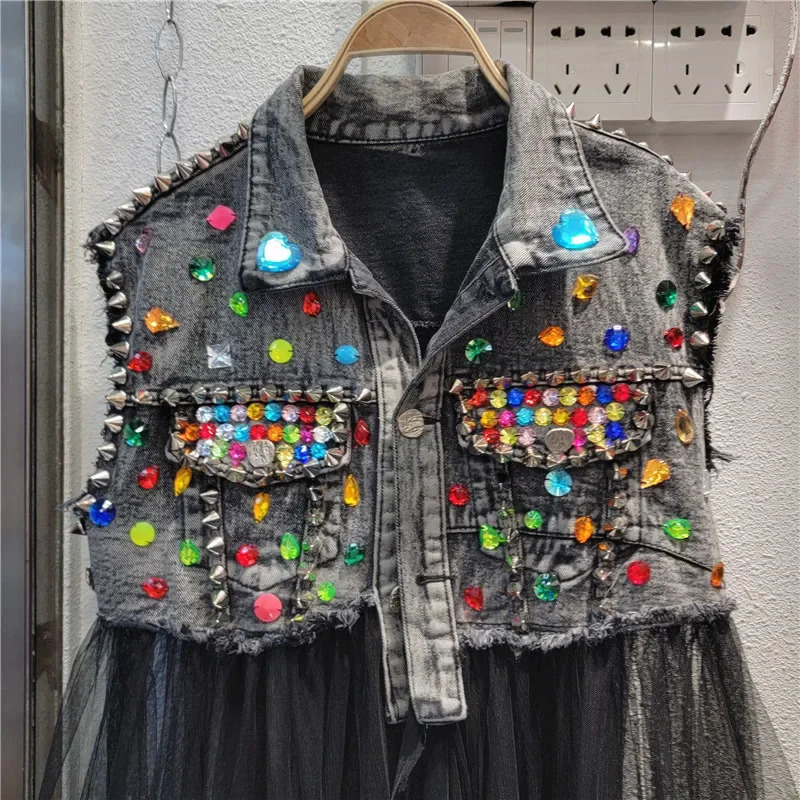 Women Rainbow Color Diamonds Beaded Mesh Ruffles Splice Jeans Jacket Multi-layers Mesh Rhinestone Denim Vests Cardigan Tank Tops 250320