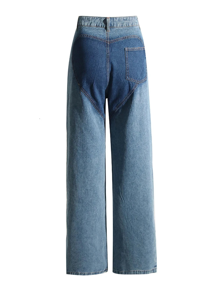 Hit Color Hollow Denim Trouser Womens High Waist Patch Work Pocket Casual Loose Straight Jeans Womens Fashion 250314