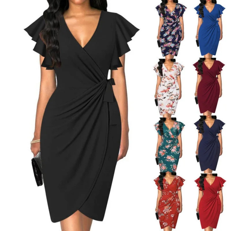 Sexy summer dress cocktail artificial packaging deep Vneck ruffled sleeves party work women formal wedding 250320