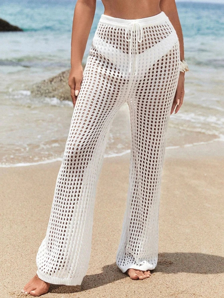 Fashionable and elegant knitted wide pants comfortable drawstring womens casual solid color hollow out pants womens clothin 250314