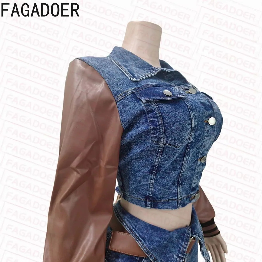 FAGADOER Retro High Quality Denim Womens 2piece Set Fashion Leather Patch Work Crop Jacket and Waist Jeans 250321