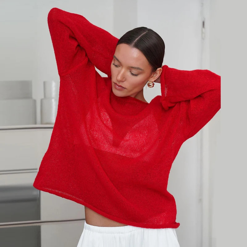 MSCSZ Red Long Sleeve Oversized Sweater Women Transparent Knitted Sweater 2025 Spring Autumn Cozy Sweaters Pullover Tops 250319