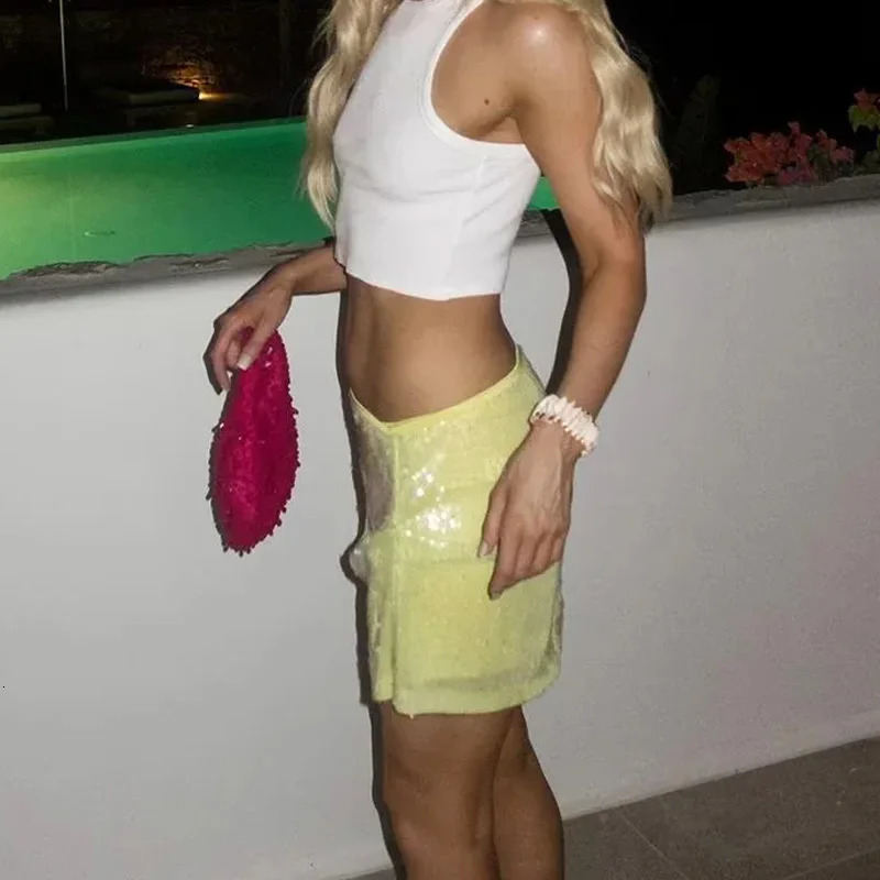 TRAF Woman 2025 Skirts Yellow Mini Skirt Summer Shiny Sequin Sexy Short Skirt Streetwear A-Line Y2K Skirts For Women 250321
