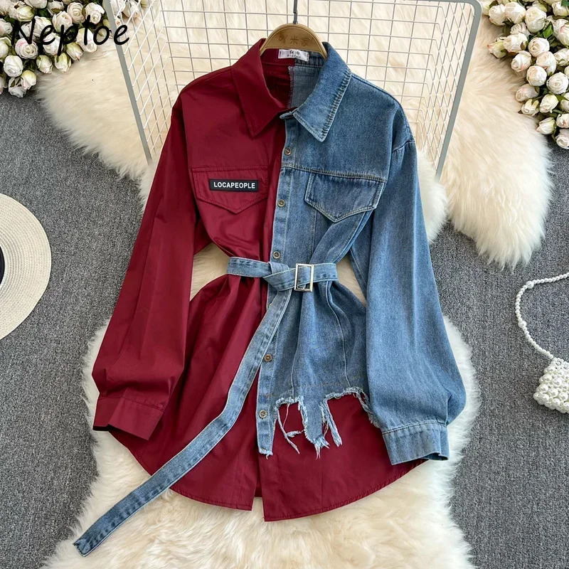 Neploe Retro Hong Kong style denim shirt with collar long sleeves slim fit waist contrasting color shirt casual mid length blue with belt 250317