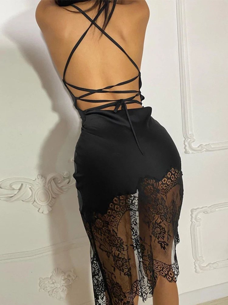 Dulzura Lace Patchwork Satin Mini Dress Women Bodycon Sexy Up Backless Short Party Elegant Clothes Birthday Evening 250320