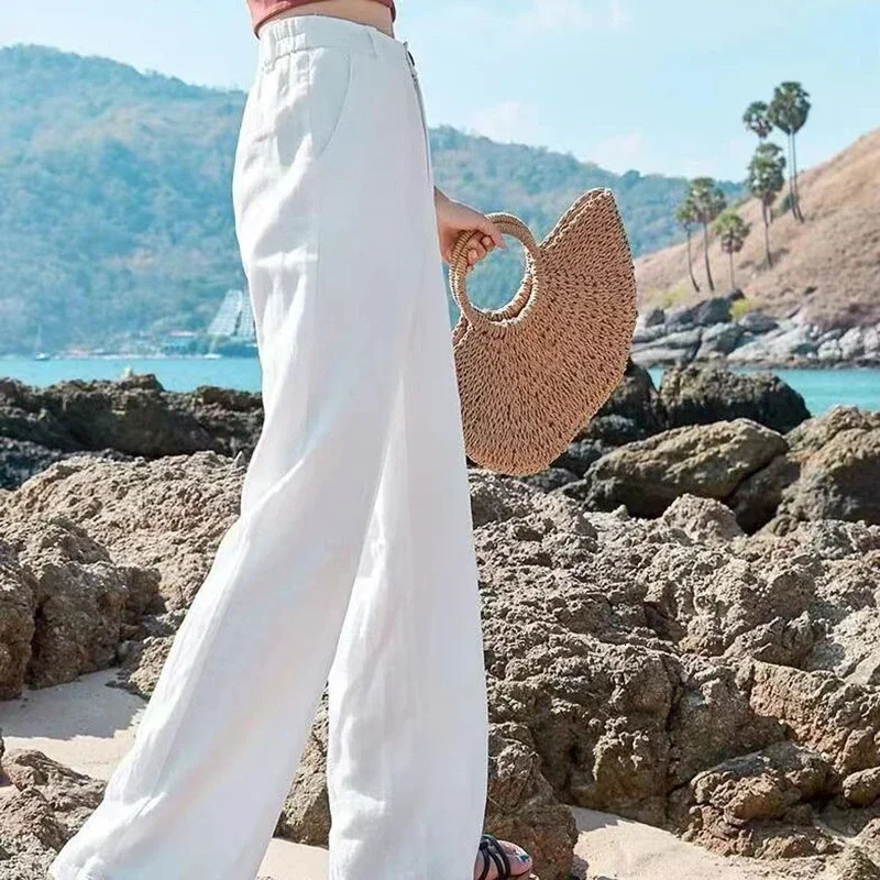 Summer Baggy Cotton Linen Pants Women Elegant High Waist White Wide Leg Pants Woman Casual Loose Straight Full Trousers Female 250320