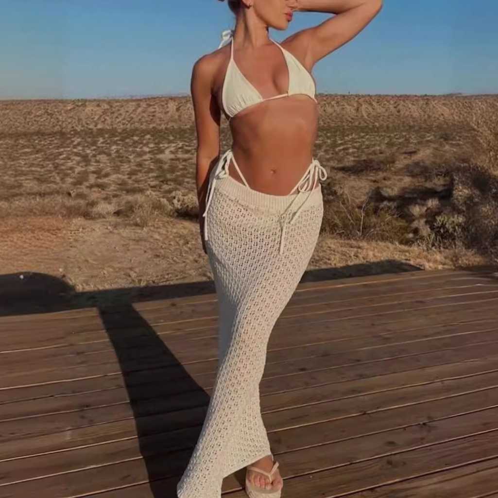 Hollow out short sleeved knitted two-piece cardigan button up skirt versatile top beach sexy suit 250315