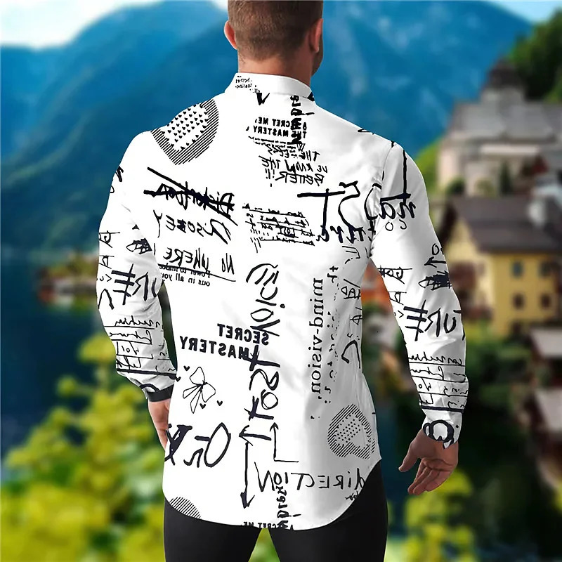 spaper Text Art Fashion Party Evening Dress Collar Button Shirt Casual Printed Long Sleeve Mens Sweater 250320