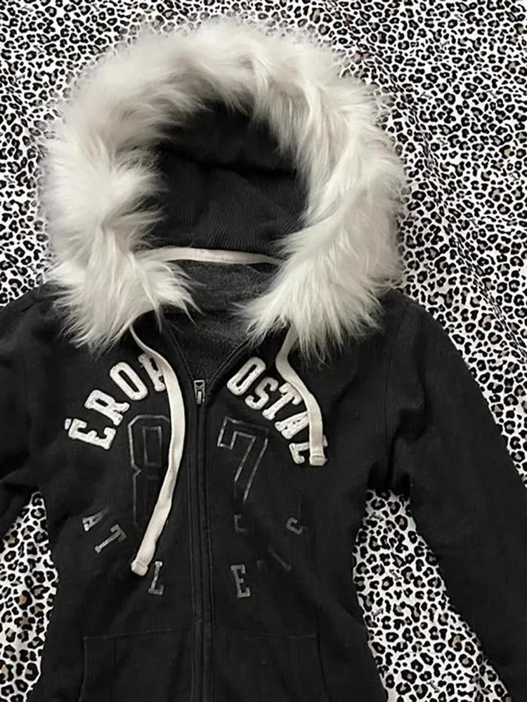 Y2K Womens Zip Up Letter Printed Fur Collar Hoodies Slim Fit Comfortable Simplicity Black Sweatshirts Warm Basic Version Tops 250320