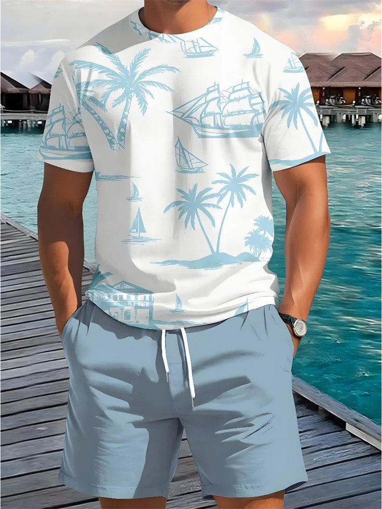 Summer 2-piece casual daily mens short sleeved shorts set Hawaii print mens T-shirt outdoor sports mens beach shorts set 250314