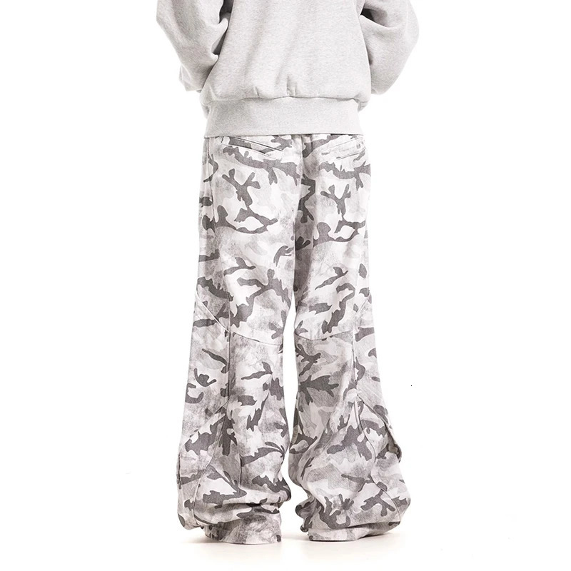 PFNW retro brushed gray white camouflage multi pocket cargo pants niche jeans loose straight leg wide 28W5796 250317