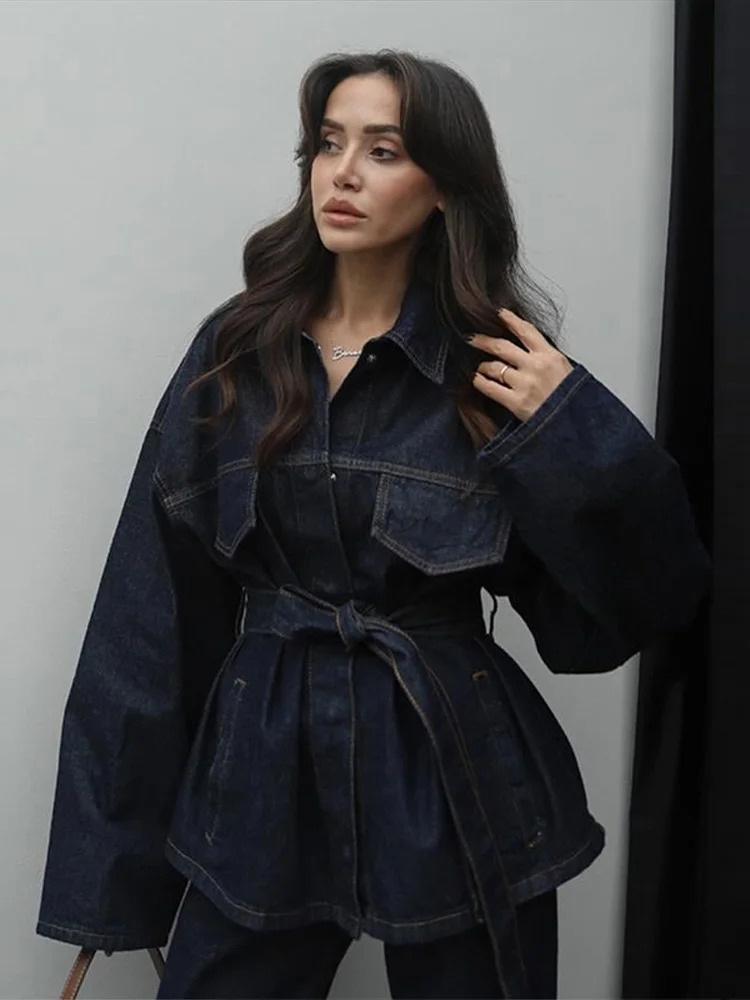 Retro Belt Denim Jacket Pants Set for Women Flip Collar Single Chest Lace Top Straight Trouser Spring Loose Womens Wear 250320