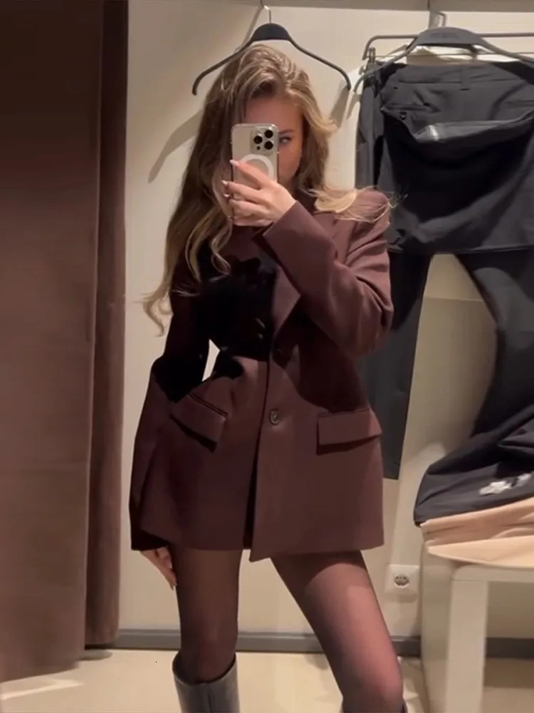 Elegant Blazer Coat Mini Skirt Sets Women Brown Shoulder Pad Cinched Waist Suit Jacket A-line Skirts 2 Piece Office Lady Outfits 250320