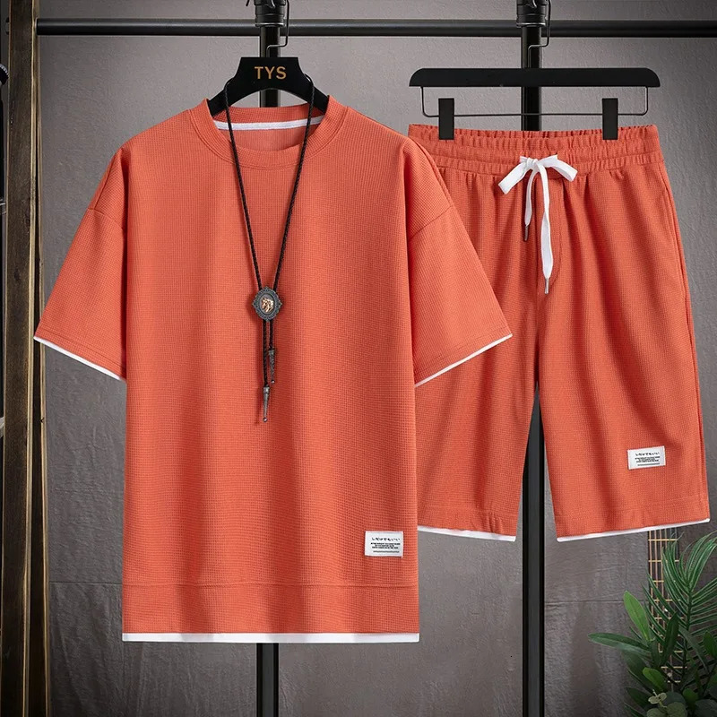 Waffle t-shirt men short sleeved ice silk summer with a suit of handsome casual sports pants thin 250320