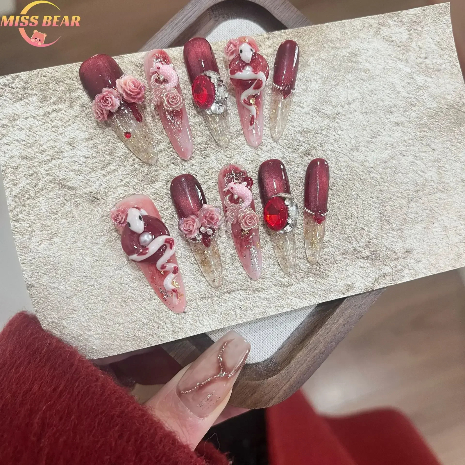 Handmade Beautiful Y2k Press on Nails Years Cat Eye Premium Red with Full Cover Long Coffin Acrylic Nail Tip 250319