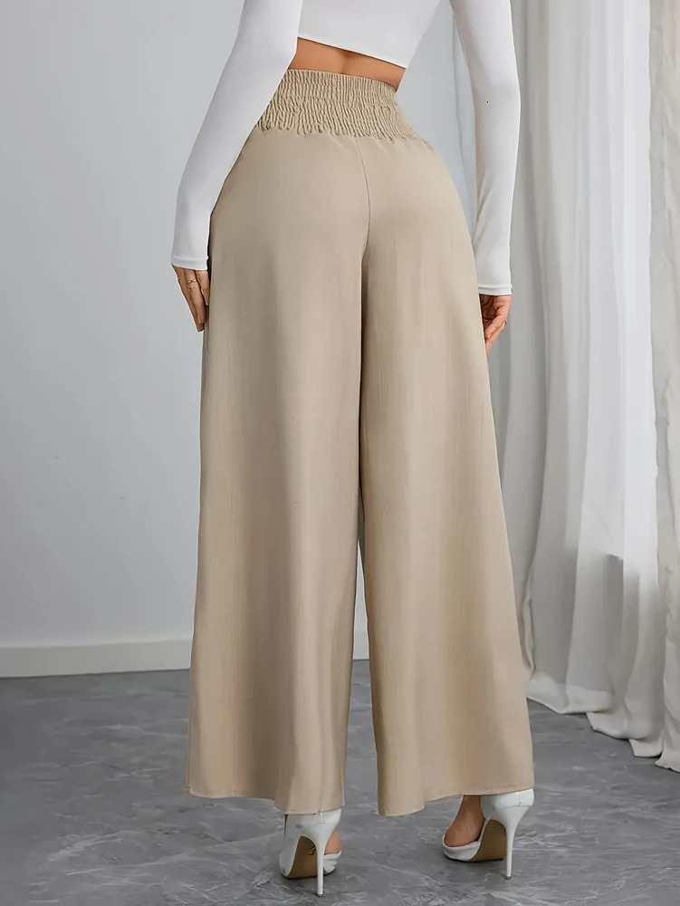 Womens casual wide leg pants oversized fit brushed waist polyester blend suitable for beach or loft 250320