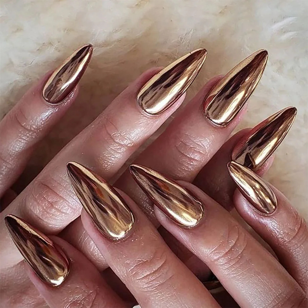 24pcset Medium almond fake nails metallic mirror red black purple blue golden tips faux ongles y2k press on acylic false nail 250319