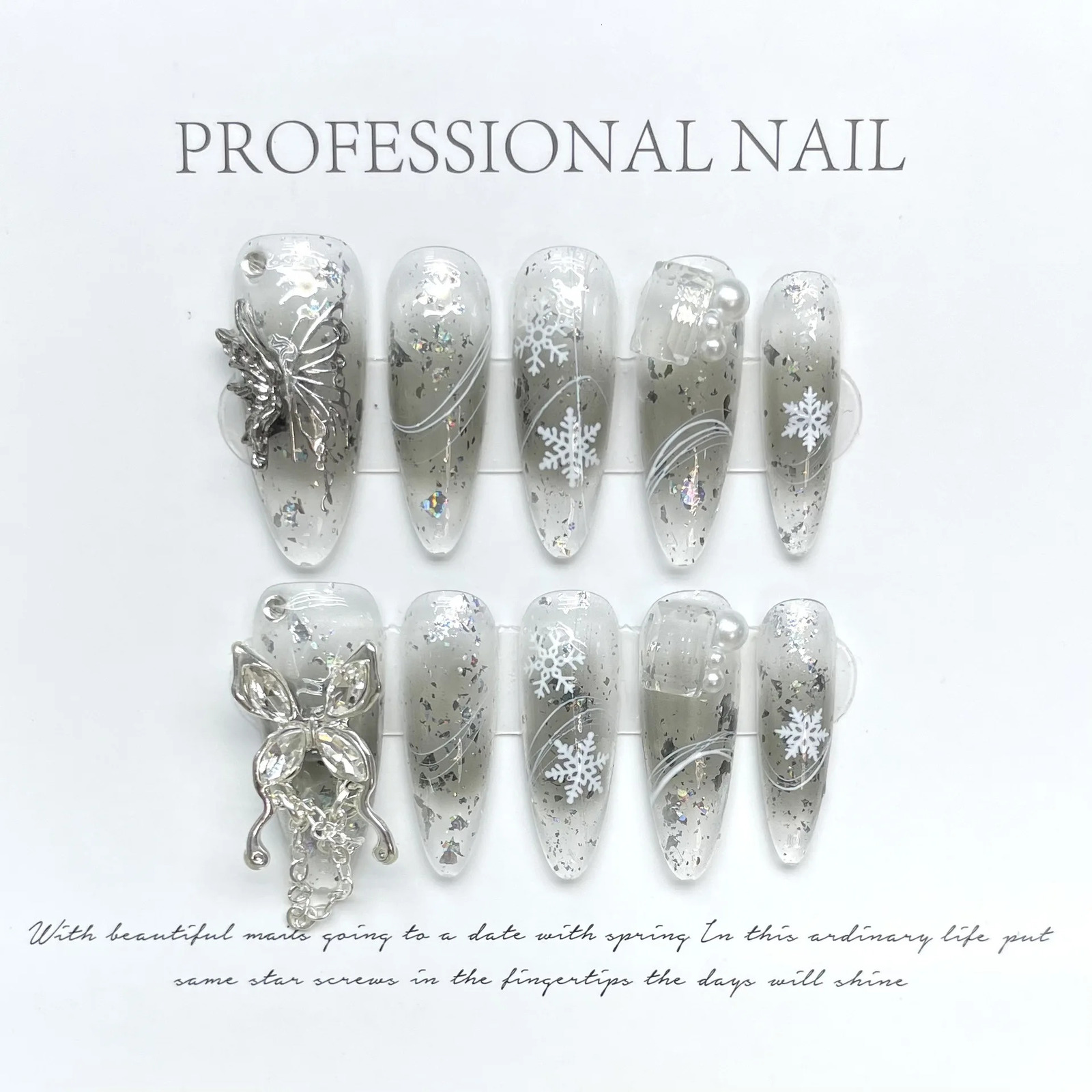 10 PCS Handmade Y2k Press on Nails Long Punk Silver Adhesive False Nail Full Cover Coffin Artifical Stick-on Nail Tip Nail Art 250319