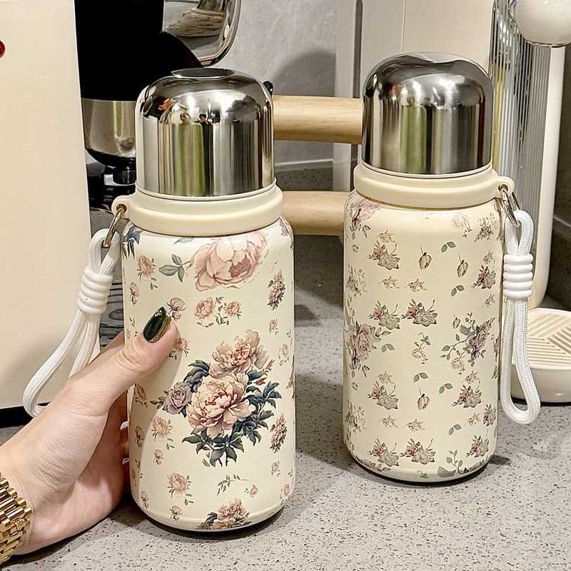 316 Stainless Steel Thermos Water Bottle Vintage Floral Coffee Cup with Lid Girl Elegant Rose Portable Thermos Cup Drinkware X250321