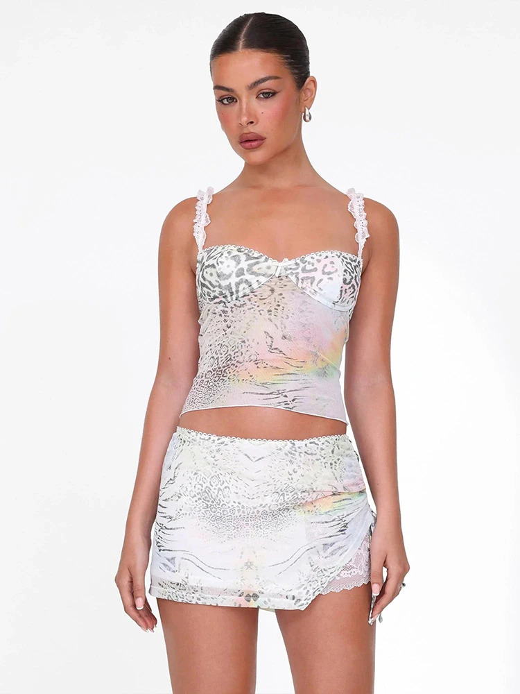 Nibber Beach Party 2 Piece Set Women Leopard Print Ruffles Straps Backless Crop TopsRuched Ribbon Skirts Vacation Fit Outfits 250320