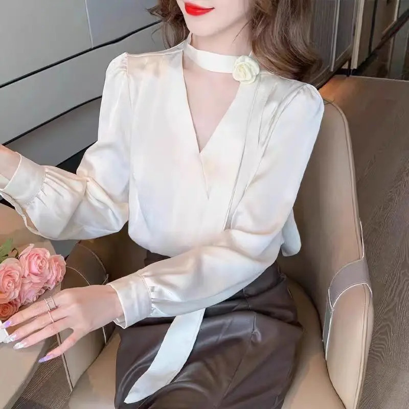 Temperament Satin Long Sleeve Blouse Women 2025 Spring Fashion Solid Color V-neck Fashionable Elegant Top Lady Shirts Chic 250320