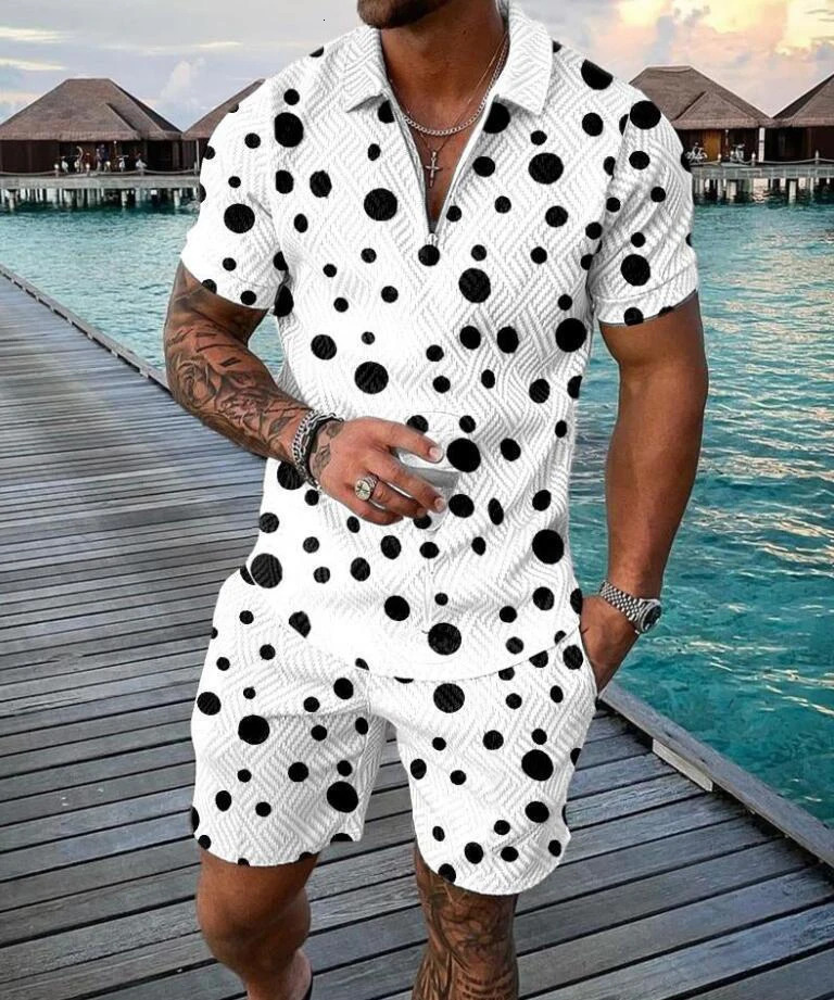 Summer trend mens sweater set with black and white spots gradient 3D printing casual zipper polo shirtshorts 2-piece set for mens clothing 250318