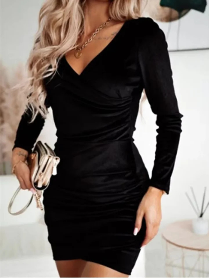 Ladies Solid Color Velvet Dress Womens Vneck Long Sleeve Mini Autumn Winter Party y 250320