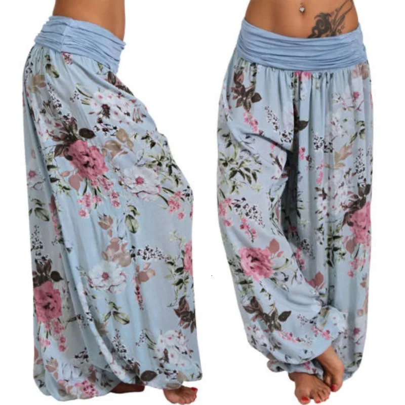 European and American womens long sleeved harem pants with digital printing wide leg casual plus size 250320