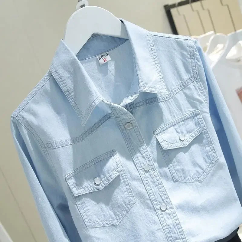 Womens shirt denim long sleeved spring outfit blue lapel shirt Blusas Mujer De Moda 250317