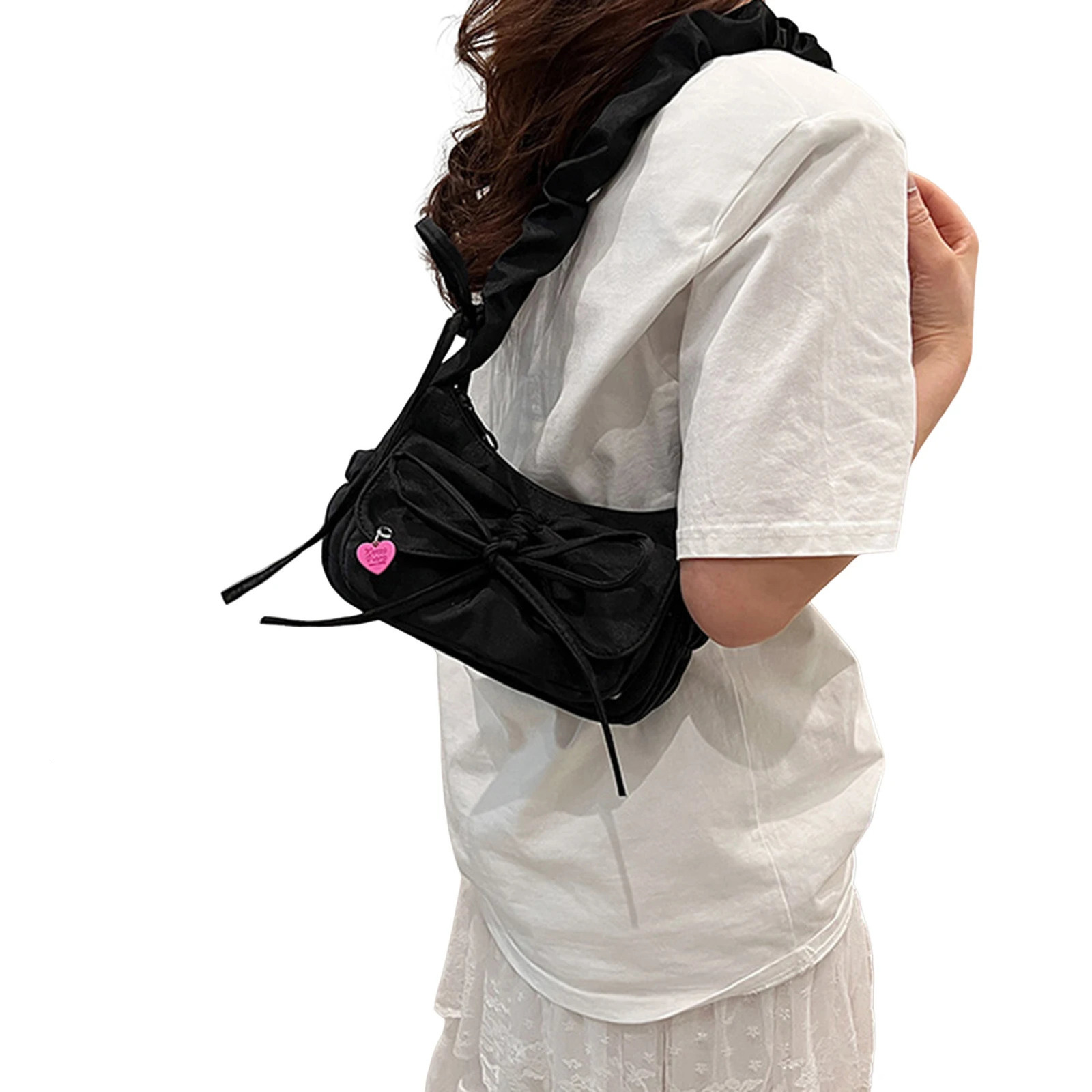 1 piece/batch of black bow womens casual shoulder bag Korean style washed denim summer handbag ladies birthday Exquisite gift 250320