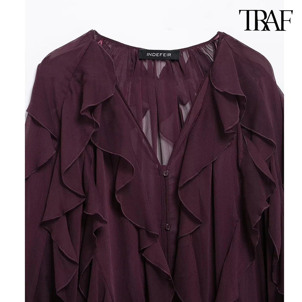 TRAF Fashion loose stacking decorative shirt casual solid color pleated sleeves 2025 Burgundy mesh womens 250312