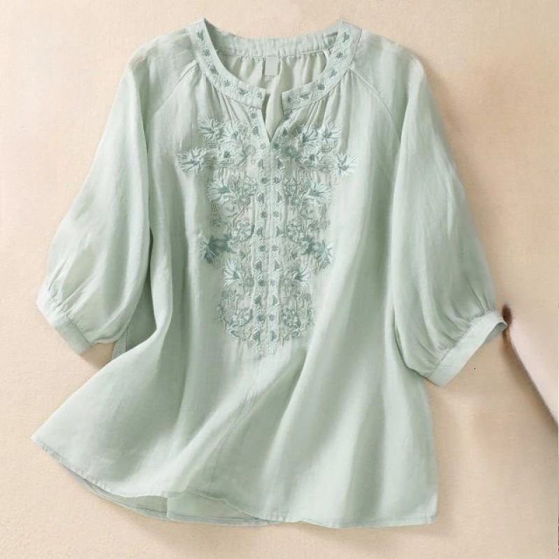 Fashion thin cotton linen Y2k top Tshirt womens summer loose embroidered Blusa casual 250312